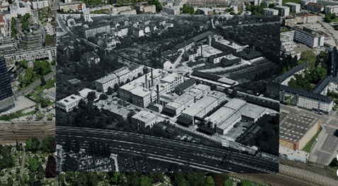 Franck Fabrik im Jahr 1960 und heute (Quelle: 3d.linz.at, Archiv der Stadt Linz)