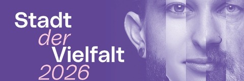 Sujet für den Preis "Stadt der Vielfalt", lila Hintergrund, mehrere verschiedene Personen ergeben ein Gesicht