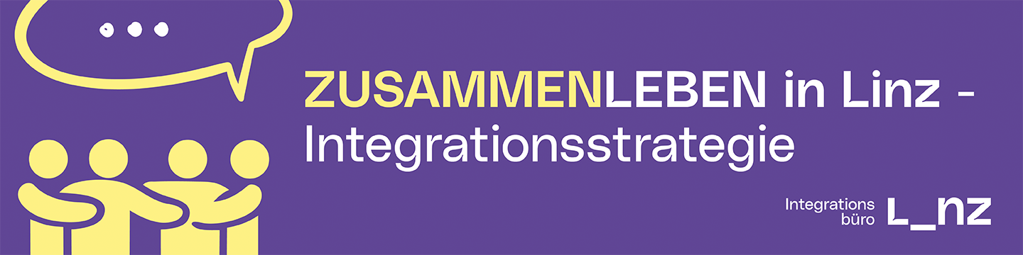 Banner Integrationsstrategie, lila Hintergrund, Text "Zusammenleben in Linz", gelbe Personen-Icons
