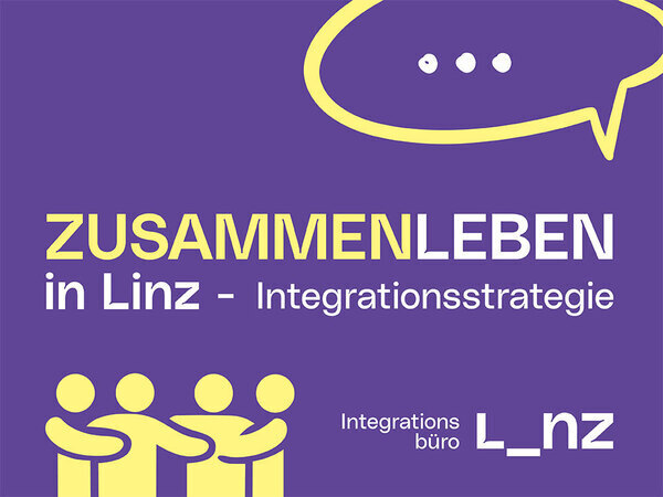 Banner Integrationsstrategie, lila Hintergrund, Text "Zusammenleben in Linz", gelbe Personen-Icons und eine Sprechblase