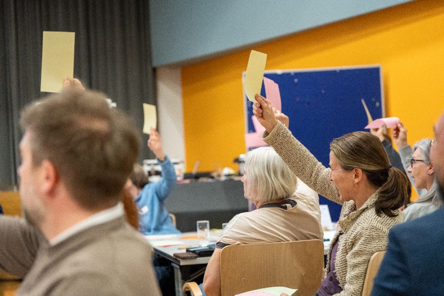 Sitzende Personen halten bei einer Abstimmungsfrage gelbe und rosa Kärtchen in die Höhe.