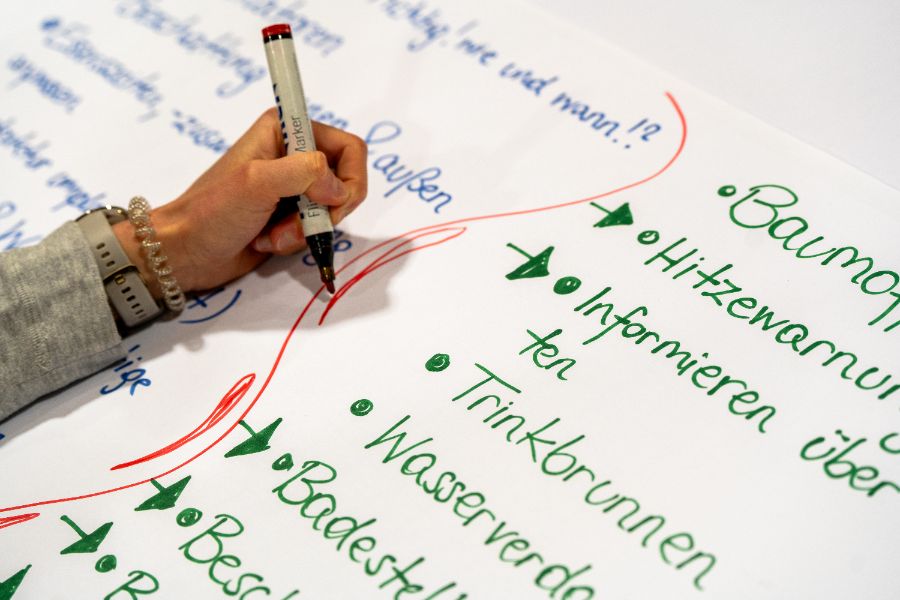 Eine Hand hält einen roten Marker und zeichnet Linien auf ein Plakat mit Stichworten